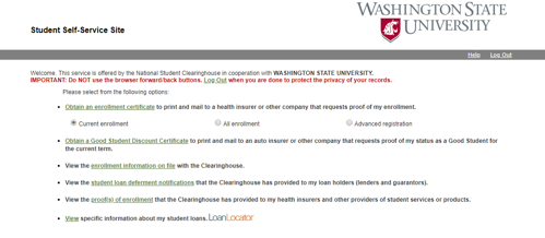 National Student Clearinghouse home page with self service links