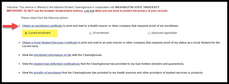 National Student Clearinghouse homepage Current Enrollment link highlighted