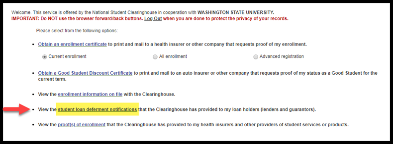 National Student Clearinghouse homepage Loan Deferment link highlighted
